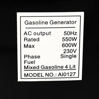 Gasoline generator spec label: 50Hz AC, rated 550W, max 600W, 230V single phase