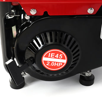 Gasoline generator air intake grille and IE45 2.0HP label on black engine shroud