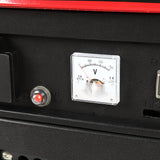 Gasoline generator analog voltage gauge on black panel with red reset button