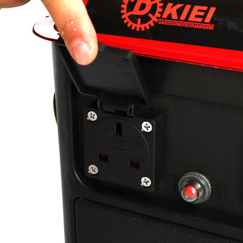 Generator AC outlet panel with two sockets and red indicator button on side
