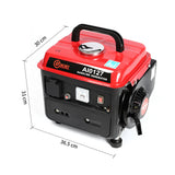 Portable gasoline generator with red top, black base, and carry handle