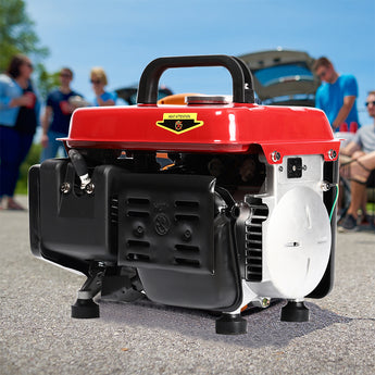 Portable gasoline generator power station with red top handle and black engine housing