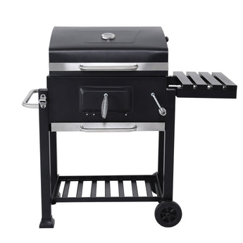 Black charcoal BBQ grill front with side shelf, control area, and open lid