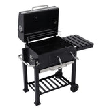 Open charcoal BBQ grill with lid, cooking grate, and side warming rack