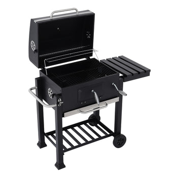 Open charcoal BBQ grill with lid, cooking grate, and side warming rack