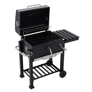 Open charcoal BBQ grill with lid, cooking grate, and side warming rack
