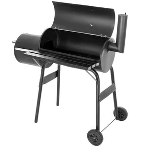 Charcoal BBQ grill with offset smoker firebox and smoke stack, with wheeled base