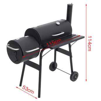Charcoal grill and offset smoker dimensions: 115cm length, 53cm depth, 140cm height