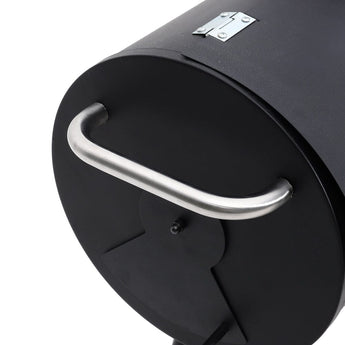 Charcoal smoker grill end door with silver handle and latch detail