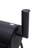 Offset smoker smoke stack and side chamber connection on charcoal grill