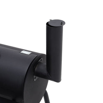Offset smoker smoke stack and side chamber connection on charcoal grill
