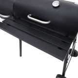Charcoal grill lid handle and thermometer on front control panel, with side shelf