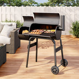 Charcoal BBQ grill with offset smoker, open lid and cooking grate, on wheeled stand