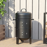 Black 3-tier smoker grill with top lid, front access doors, and legs