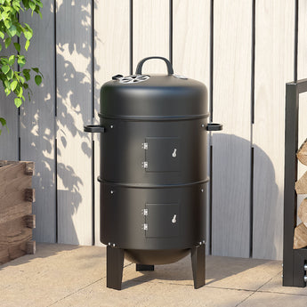 Black 3-tier smoker grill with top lid, front access doors, and legs