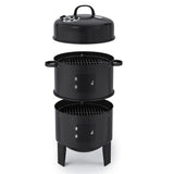 Black 3-tier charcoal grill smoker with two removable grate baskets and lid