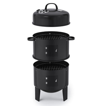 Black 3-tier charcoal grill smoker with two removable grate baskets and lid