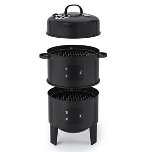 Black 3-tier charcoal grill smoker with two removable grate baskets and lid