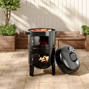 80 cm 3-in-1 charcoal grill smoker with three tiers, black, side doors and lid