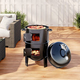 3-tier charcoal grill smoker with open door sections and large black lid