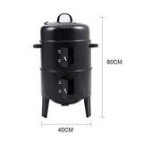 80 cm 3-tier charcoal grill smoker dimensions view, black body on four legs