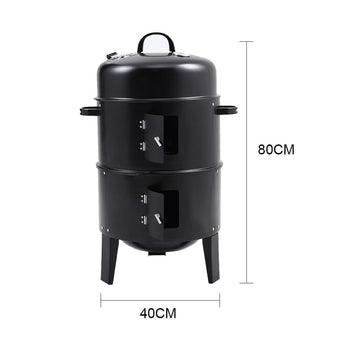 80 cm 3-tier charcoal grill smoker dimensions view, black body on four legs