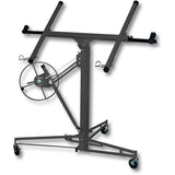 Black drywall lifter panel hoist with hand crank wheel and support frame