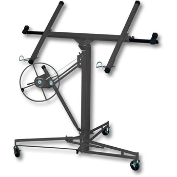 Black drywall lifter panel hoist with hand crank wheel and support frame