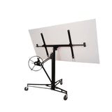 Black drywall lifter panel hoist with clamp bar and rolling casters