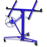 Blue drywall lifter panel hoist with hand crank wheel and support frame