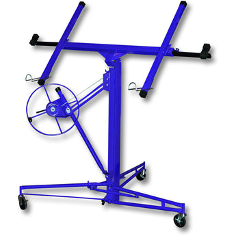 Blue drywall lifter panel hoist with hand crank wheel and support frame