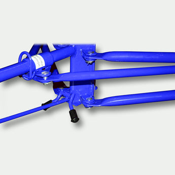 Blue drywall lifter hoist close-up of lift frame and joint hardware