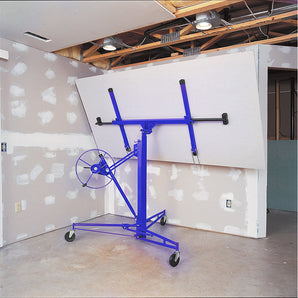 11-ft drywall lifter hoist in blue with rolling casters and clamp beam