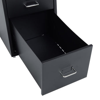 Black filing cabinet drawer open, showing interior and rail guide detail