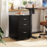 Black filing cabinet with three drawers and silver pulls on caster wheels