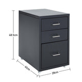 Black three-drawer filing cabinet on caster wheels with shown size measurements