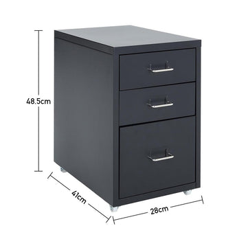 Black three-drawer filing cabinet on caster wheels with shown size measurements