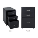 Black filing cabinet front and side views with three drawers and silver bar pulls