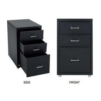 Black filing cabinet front and side views with three drawers and silver bar pulls
