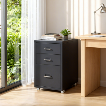 Black office filing cabinet with three drawers, metal handles, and caster wheels