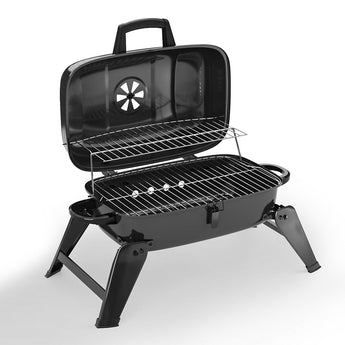 Tabletop mini BBQ grill with lid, wire warming rack and cooking grate, black