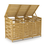 Spruce wood garbage can storage shed with slatted sides and double hinged roof