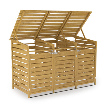 Spruce wood garbage can storage shed with slatted sides and double hinged roof