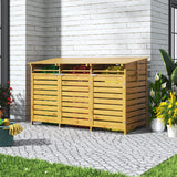 Outdoor spruce wood storage shed with three slatted door panels and raised roof