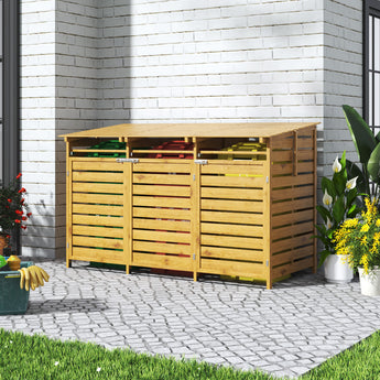 Outdoor spruce wood storage shed with three slatted door panels and raised roof