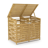 Spruce wood storage shed with ventilated slat panel doors and lifted roof frame