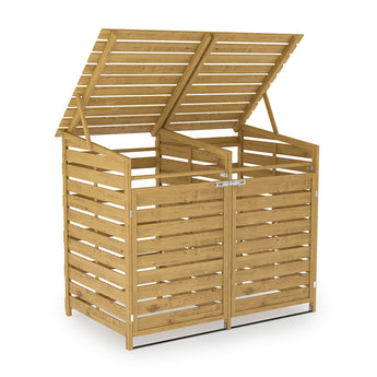 Spruce wood storage shed with ventilated slat panel doors and lifted roof frame