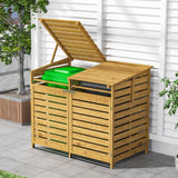 Spruce wood garbage bin shed with wide double doors, open top roof slats
