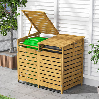 Spruce wood garbage bin shed with wide double doors, open top roof slats