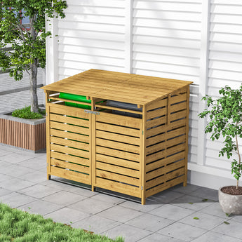 Spruce wood outdoor garbage can storage shed with double slatted doors